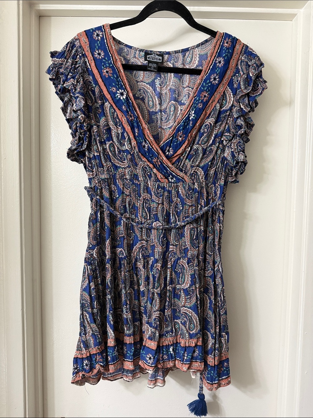 Angie Blue Paisley Boho Ruffle Sleeve Dress Size L